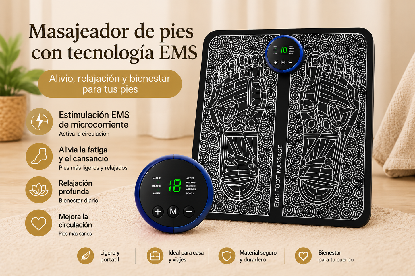 Masajeador de Pies EMS – 8 Modos y 19 Niveles de Intensidad