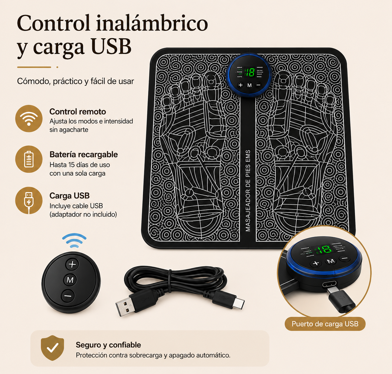 Masajeador de Pies EMS – 8 Modos y 19 Niveles de Intensidad
