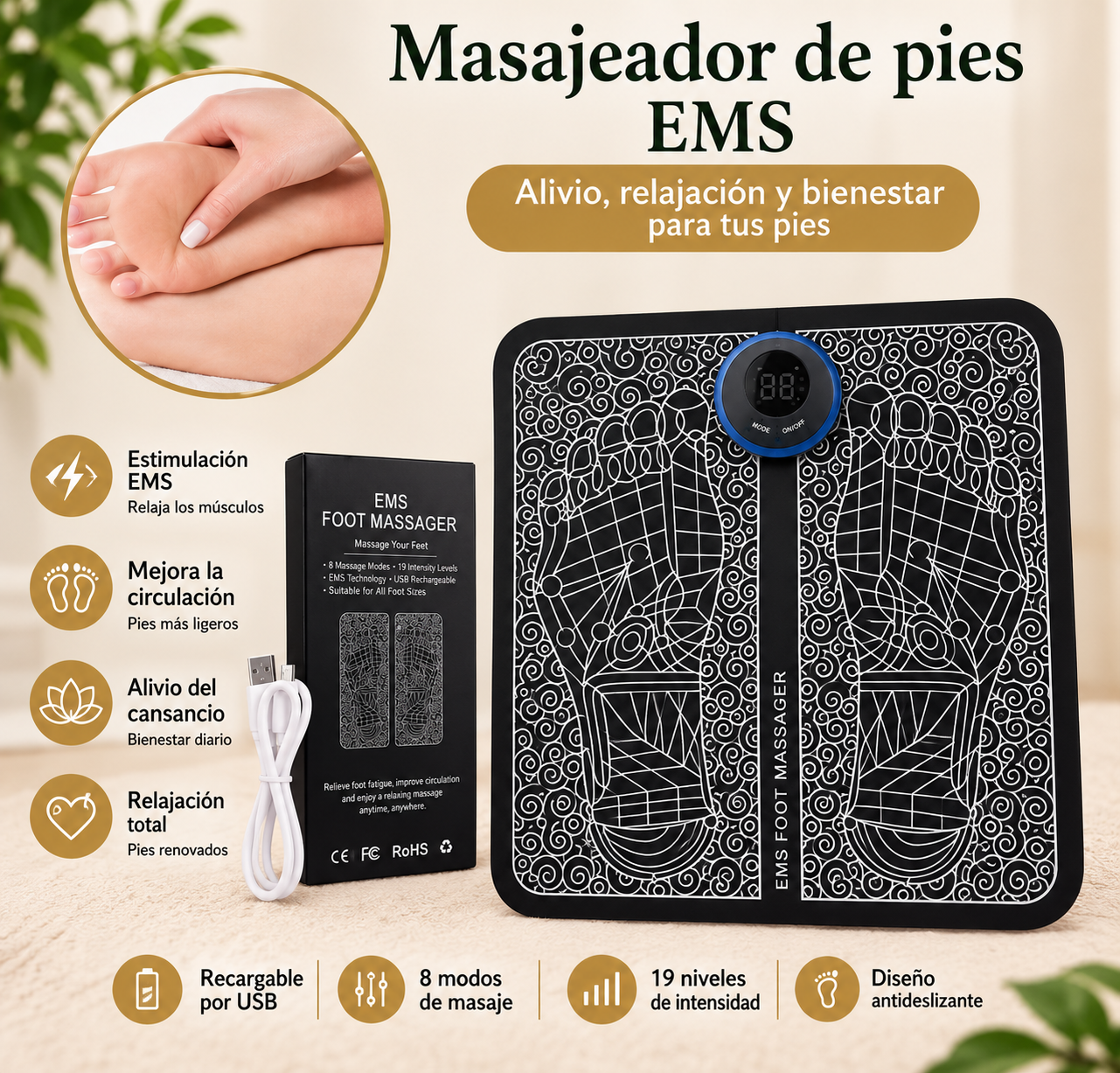 Masajeador de Pies EMS – 8 Modos y 19 Niveles de Intensidad