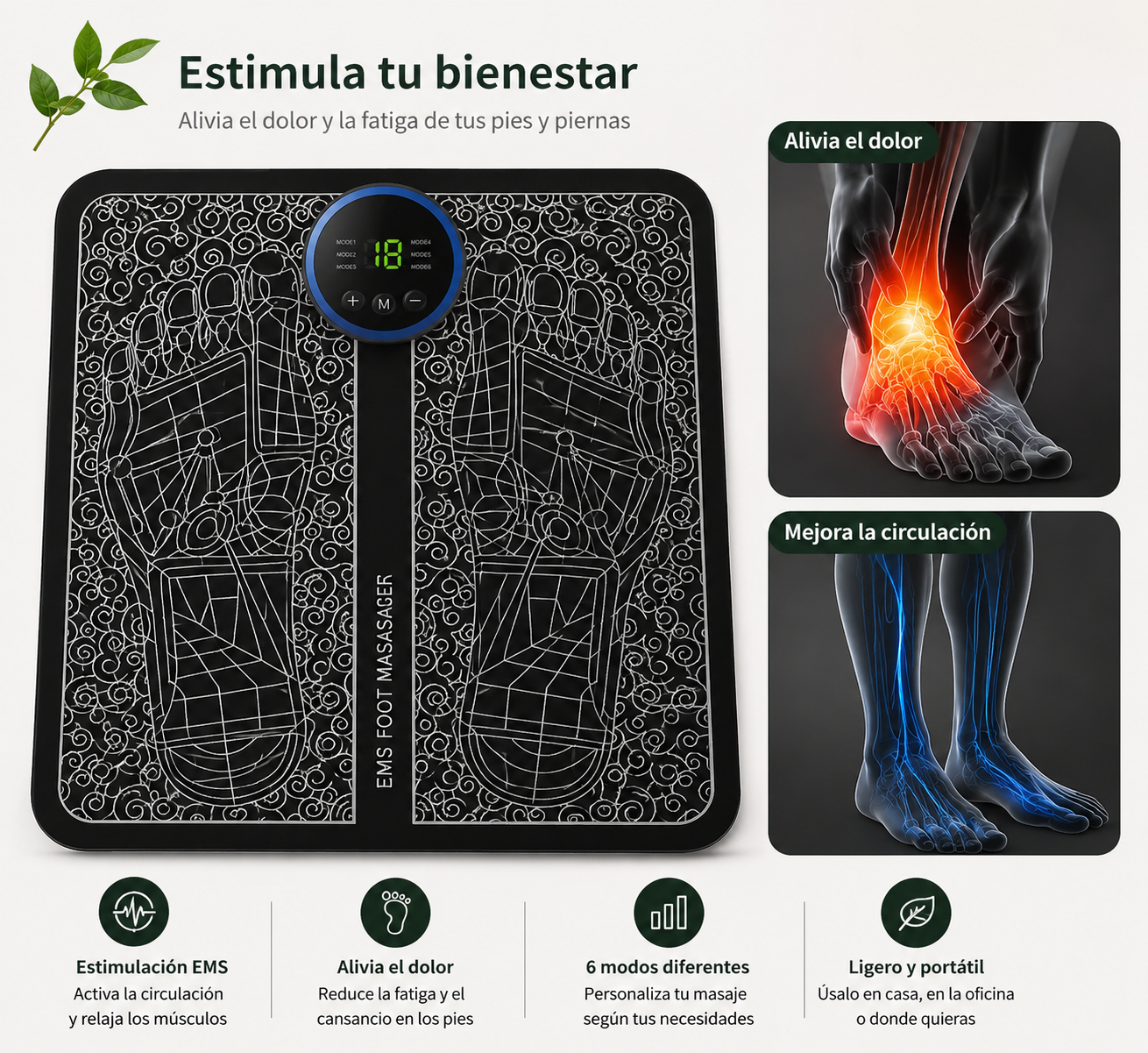 Masajeador de Pies EMS – 8 Modos y 19 Niveles de Intensidad
