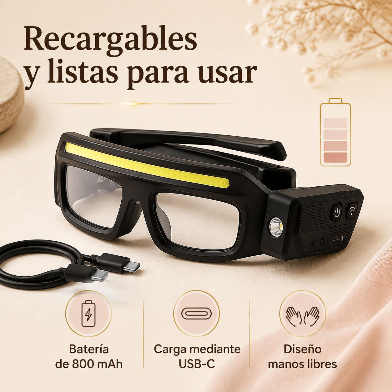 Gafas con Luz LED Manos Libres – Sensor de Movimiento y Doble Iluminación