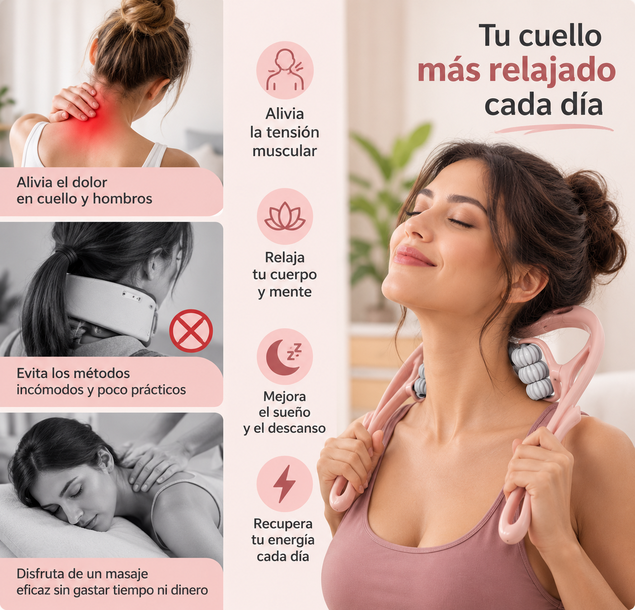 Masajeador Manual de Cuello de 6 Rodillos – Alivio Profundo y Relajación Muscular