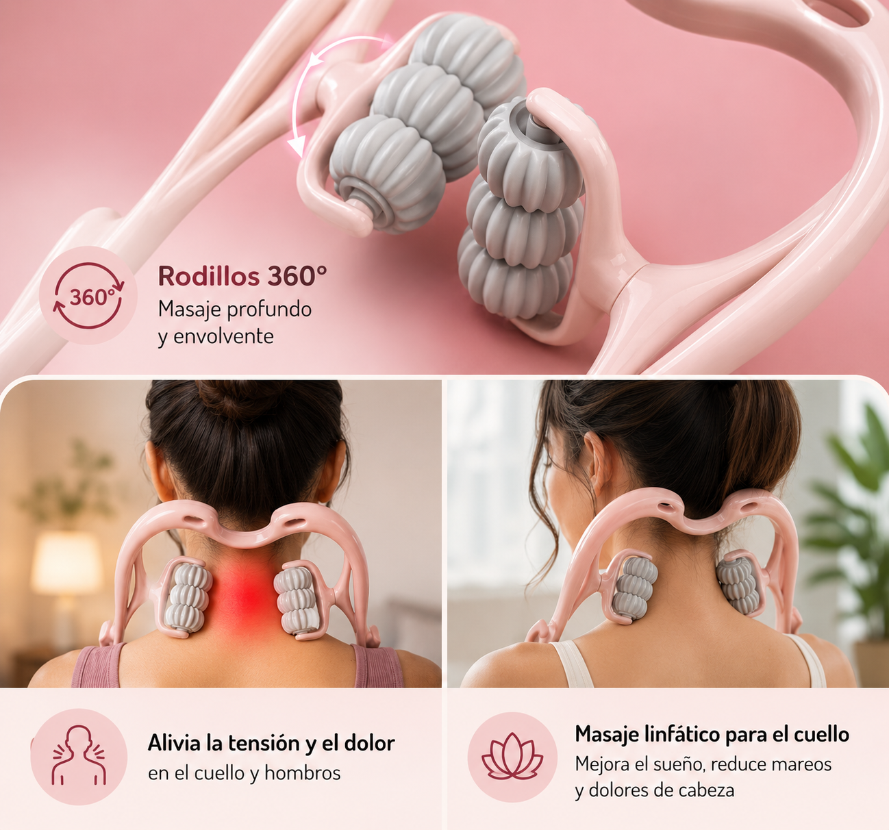 Masajeador Manual de Cuello de 6 Rodillos – Alivio Profundo y Relajación Muscular